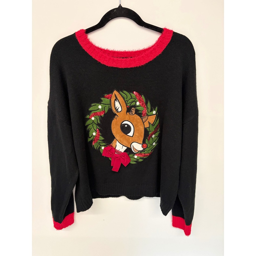 Rudolph Christmas Sweater Wreath Sequin Patch XL Black Red Kitsch Holiday